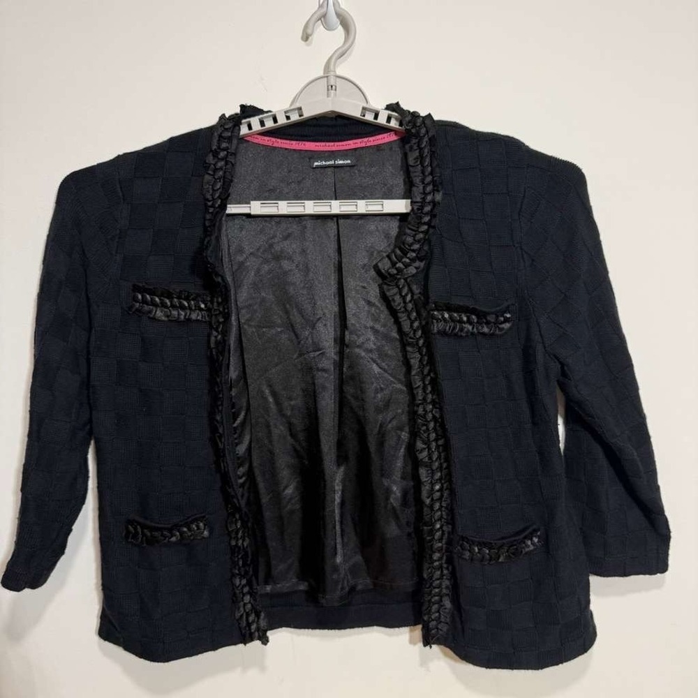 Michael Simon Womens M Black Cotton Cashmere Cardigan Jacket Braided Trim READ